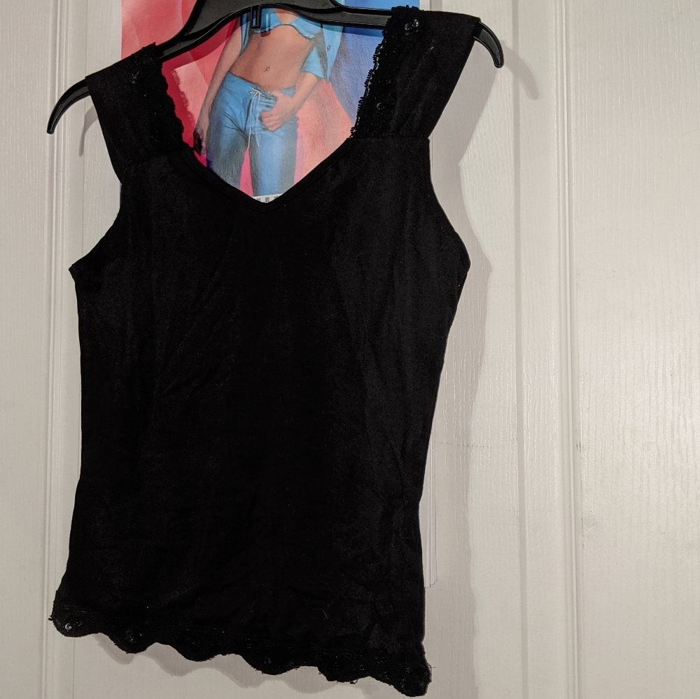 Lipstick Black With Lace Sequin Trim Cropped Sleeveless V Neck Top - Picture 4 of 5